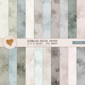 May include: A collection of seamless digital papers in various muted colors, including shades of gray, blue, and beige. Each paper measures 12 x 12 inches. The papers have a watercolor-like texture and are suitable for digital art projects.