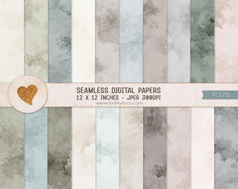 Puede incluir: Una colección de papeles digitales sin costuras con varias texturas de acuarela en tonos apagados de gris, verde, azul y beige. Una banda horizontal muestra el texto SEAMLESS DIGITAL PAPERS 12 X 12 INCHES - JPEG 300DPI www.lovelytocu.com P378.