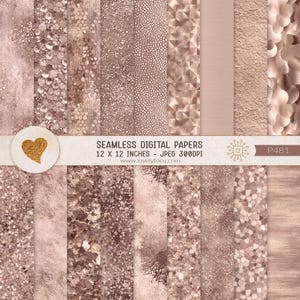 Peut inclure: Une collection de papiers numériques sans couture dans des tons or rose présentant diverses textures, notamment des paillettes, du film métallique, des motifs géométriques et des sequins. Le texte indique SEAMLESS DIGITAL PAPERS 12 X 12 INCHES - JPEG 300DPI.