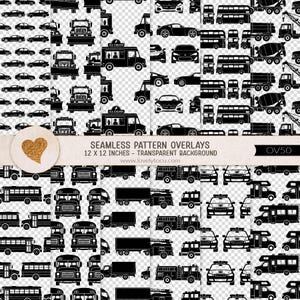May include: A digital seamless pattern overlay featuring black silhouettes of various vehicles including cars, buses, trucks, and ice cream vans on a transparent background. The text reads SEAMLESS PATTERN OVERLAYS 12 X 12 INCHES.