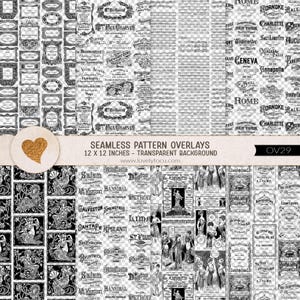 May include: A collection of seamless pattern overlays, each 12 x 12 inches, with a transparent background. The designs include vintage labels, sheet music, and illustrations in black and white. The text on the image reads "SEAMLESS PATTERN OVERLAYS".