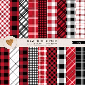 May include: Set of 12 digital seamless plaid patterns in red, black, white and gray. Each pattern is 12 x 12 inches and 300 DPI.  "Seamless Digital Papers" and "www.lovelytocu.com" are printed on the image.