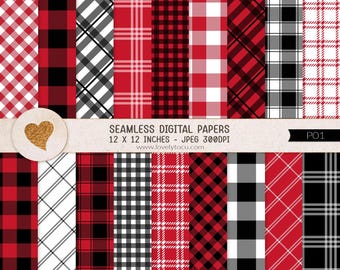 Red and Black buffalo plaid digital papers, seamless paper backgrounds, printable paper, scrapbook paper, gingham, checker plaid - P01