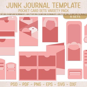 Può includere: Una collezione di modelli di tasche per junk journal rosa in varie forme e dimensioni. L'immagine include il testo "JUNK JOURNAL TEMPLATE" e "POCKET CARD SETS VARIETY PACK". Modelli disponibili in PSD, PDF, PNG, EPS, SVG e DXF.