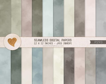 Puede incluir: Una colección de papeles digitales sin costuras con texturas estilo acuarela en tonos apagados de verde salvia, azul polvoriento, beige y gris suave. Una banda horizontal muestra el texto SEAMLESS DIGITAL PAPERS 12 X 12 INCHES - JPEG 300DPI.