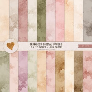 May include: A collection of seamless digital papers in various pastel colors, including pink, beige, and green. Each paper measures 12 x 12 inches and features a watercolor-like texture. The image includes text that reads "Seamless Digital Papers".