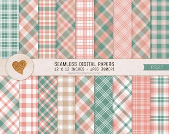 May include: A collection of seamless digital papers featuring various plaid and checkered patterns in shades of sage green, soft pink, and white. A circular tag with a gold glitter heart and text reading SEAMLESS DIGITAL PAPERS 12 X 12 INCHES - JPEG 300DPI www.lovelytocu.com P327 is overlaid.