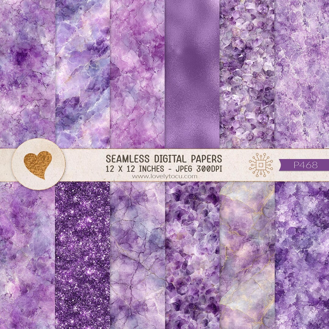 Amethyst Crystal Digital Paper, 12 Seamless Backgrounds, Stone Textures ...