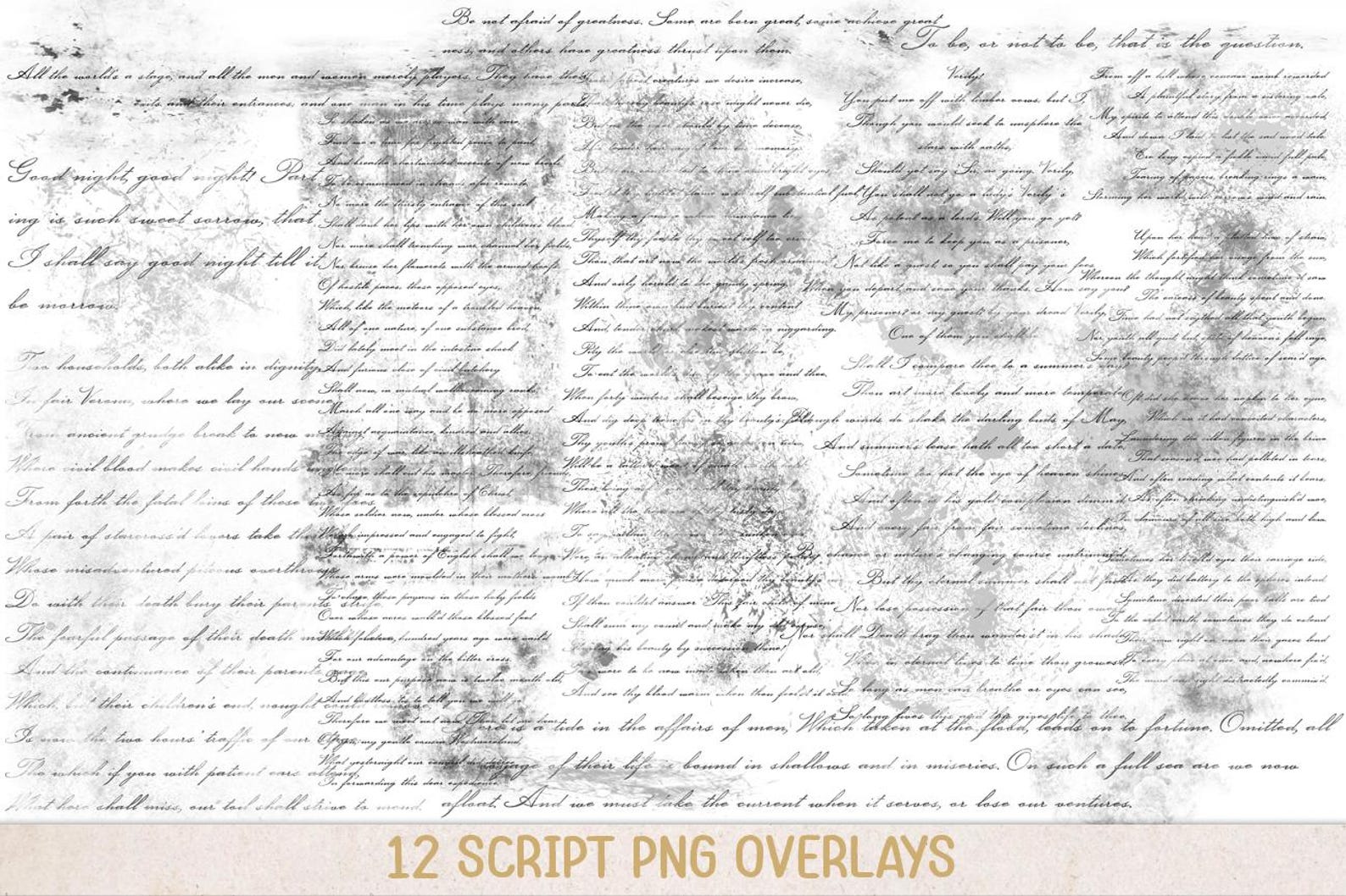 12 Script PNG Overlays, Shakespeare Quotes, Black Text Clipart Overlays ...