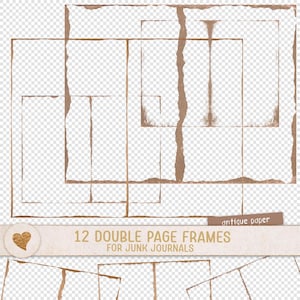 May include: A collection of 12 double page frames for junk journals featuring brown, torn-edge rectangular outlines on a transparent background. A horizontal banner displays the text 12 DOUBLE PAGE FRAMES FOR JUNK JOURNALS and antique paper.
