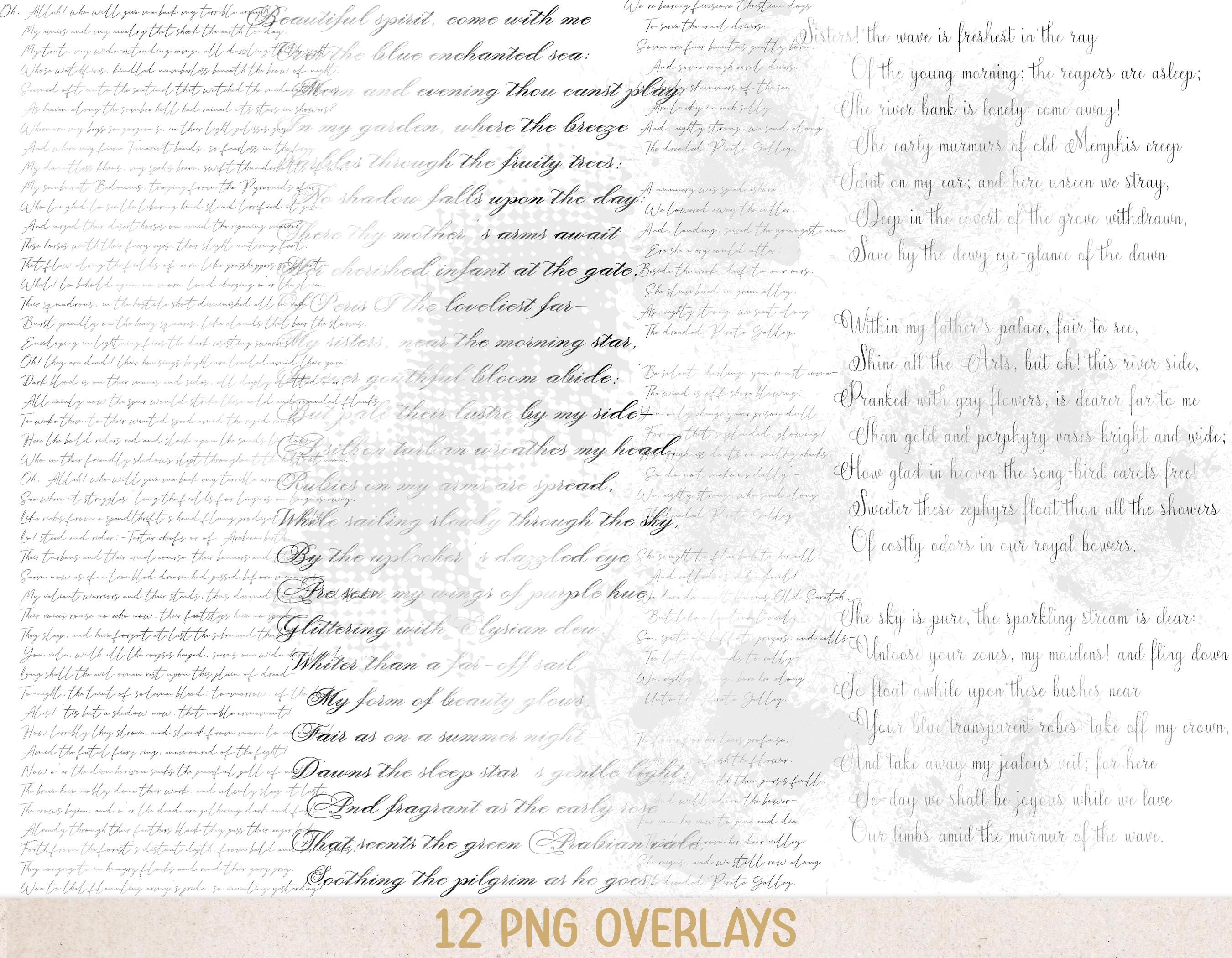 12 Poetry Script PNG Overlays, Grungy Black Text Clipart Overlays, Junk ...