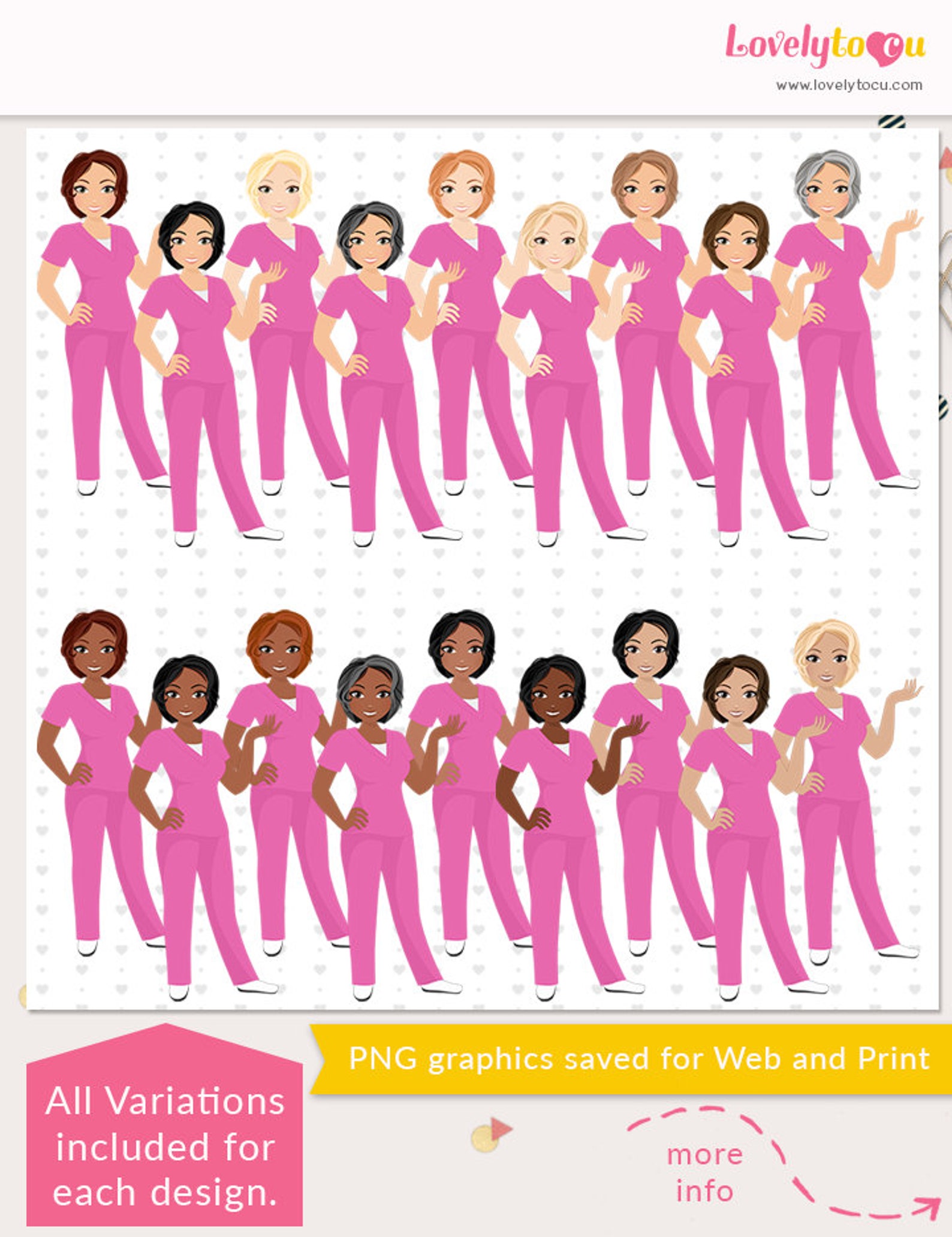 Nurse Clipart Pink Scrubs Female Character Cute Girl Avatar Etsy