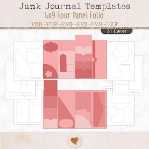May include: Junk Journal Templates 4x9 Four Panel Folio 36 Pieces PSD~PDF~PNG~EPS~SVG~DXF. A digital collection of paper craft templates featuring pink-toned panels, pockets, and decorative shapes for assembling a four-panel folio.
