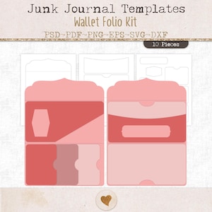 May include: Junk Journal Templates Wallet Folio Kit with 10 pieces in PSD, PDF, PNG, EPS, SVG, and DXF formats. The image displays pink and red wallet templates with various pockets and flaps, alongside white outline diagrams.