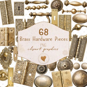 Può includere: Una collezione di 68 pezzi di ferramenta in ottone che include varie cerniere, maniglie per cassetti, pomelli e placche per serrature con incisioni floreali ornate e finiture metalliche, con il testo 68 Brass Hardware Pieces PNG clipart graphics.