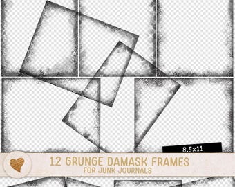 May include: A collection of 12 rectangular frames with distressed, dark gray grunge borders on a transparent background. A label at the bottom displays the text 12 GRUNGE DAMASK FRAMES FOR JUNK JOURNALS and 8.5x11 inches with a gold heart icon.