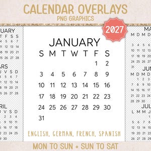 Könnte beinhalten: Kalender-Overlays für 2027 in minimalistischem Design. Enthält Monate in Englisch, Französisch, Deutsch und Spanisch. Enthält verschiedene Kalenderlayouts, darunter Februar, März, April, Mai, Juni und Juli.
