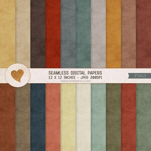 May include: A collection of seamless digital papers featuring a variety of textured solid colors including yellow, brown, red, blue, green, and cream. A horizontal white band displays the text SEAMLESS DIGITAL PAPERS 12 X 12 INCHES - JPEG 300DPI.