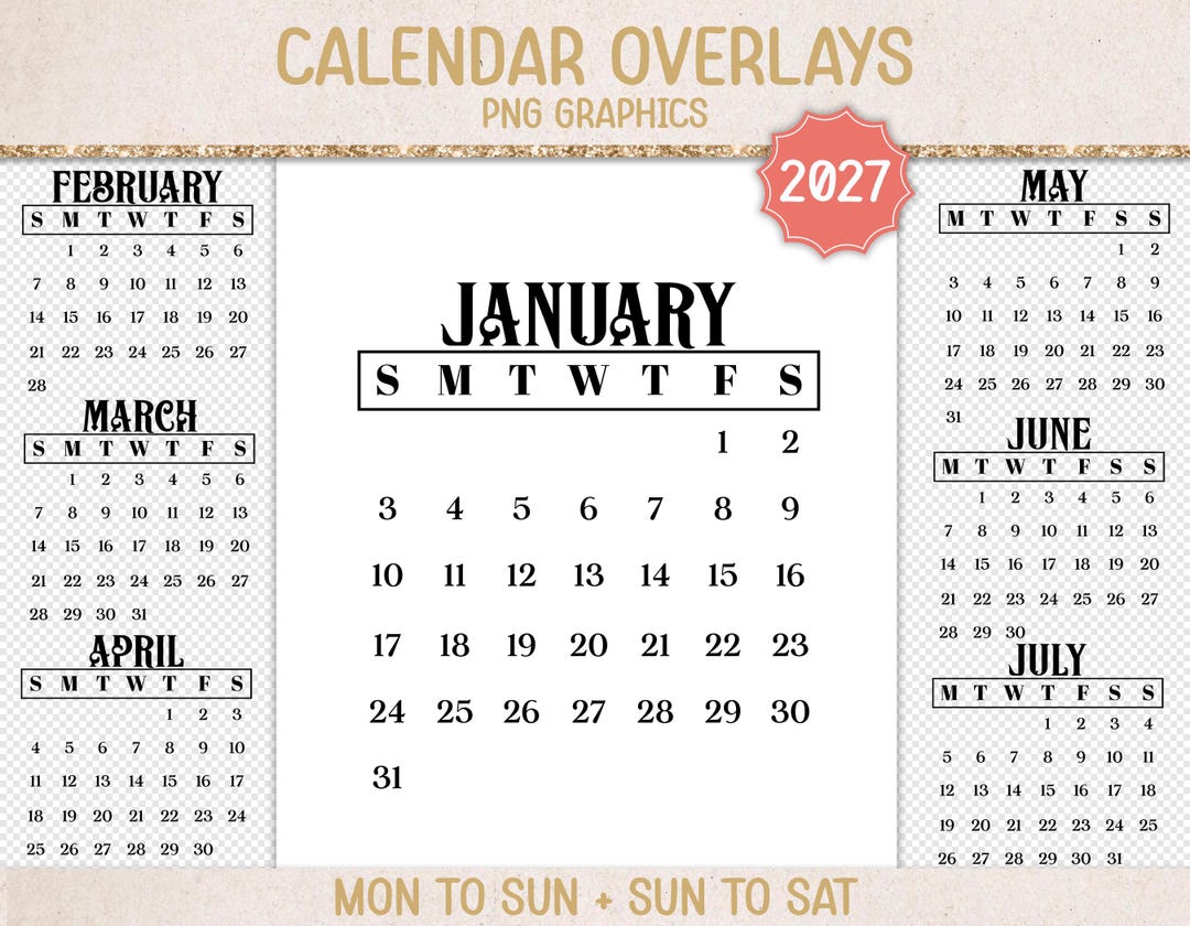 2027 Calendar Month Overlays, Elegant Font, Sunday/monday Start (PNG ...