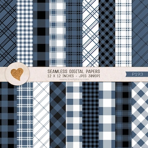 May include: A set of 12 digital papers featuring various blue, black and white plaid patterns. The papers are 12 x 12 inches and 300 DPI.  "Seamless Digital Papers" and "www.lovelytocu.com" are printed on the image.