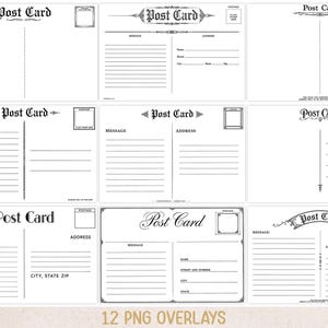 Puede incluir: Una colección de nueve plantillas de postales en blanco y negro con varios diseños para mensajes y direcciones. Cada plantilla incluye el texto Post Card, áreas designadas para sellos y líneas para escribir correspondencia y datos.