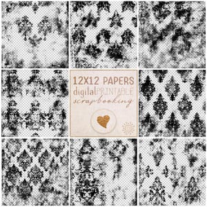 May include: A collection of eight digital paper designs featuring black damask patterns with distressed, grunge textures on transparent backgrounds, plus a central square graphic with the text 12X12 PAPERS digital PRINTABLE scrapbooking.