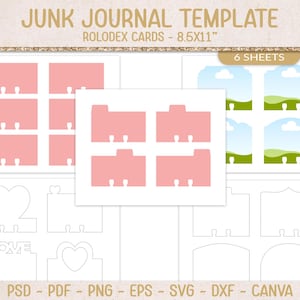 May include: A junk journal template with Rolodex cards, measuring 21.6 x 27.9 cm. The design includes pink Rolodex cards, landscape-themed cards, and heart-shaped cutouts. The text "LOVE" is also featured. The image includes the text "6 SHEETS".