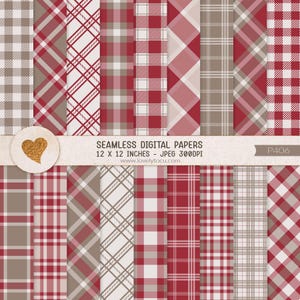 Pode incluir: Uma coleção de papéis digitais sem costura com vários padrões xadrez em tons de vermelho, branco e castanho. Cada papel mede 30.48 x 30.48 cm. A imagem inclui o texto "SEAMLESS DIGITAL PAPERS 12 X 12 INCHES - JPEG 300DPI".