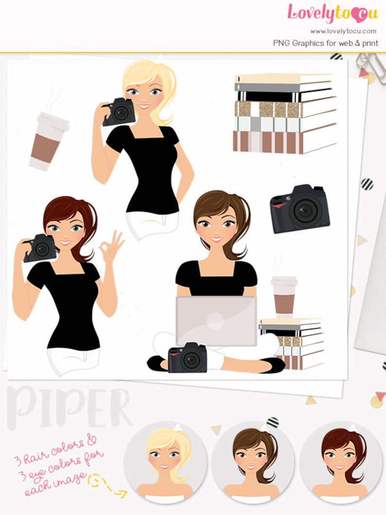 photography woman clipart set with blonde Piper L195 Photographer girl character clipart brunette and auburn hair