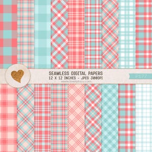 May include: A collection of seamless digital papers with various plaid patterns in shades of coral, light blue, and white. The papers are 12 x 12 inches in size. The image includes the text "SEAMLESS DIGITAL PAPERS 12 X 12 INCHES - JPEG 300DPI".