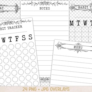 May include: A collection of printable planner pages featuring black and white designs with ornate headers. The sheets include sections labeled TODAY, NOTES, HABIT TRACKER with M T W T F S S columns and circles, and a MENU section with horizontal lines.
