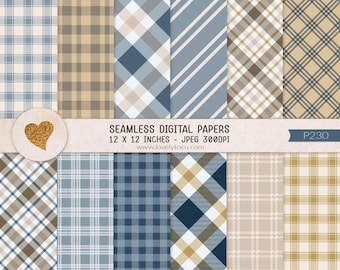May include: A collection of seamless digital papers featuring various plaid and tartan patterns in shades of blue, beige, and brown. The image includes text stating SEAMLESS DIGITAL PAPERS 12 X 12 INCHES - JPEG 300DPI www.lovelytocu.com and P230.