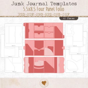 Könnte beinhalten: Junk Journal Templates 5.5x8.5 Four Panel Folio PSD~PDF~PNG~EPS~SVG~DXF 40 Pieces. Ein digitales Design-Set mit verschiedenen rosafarbenen Bastelvorlagen aus Papier, einschließlich Taschen, Klappen und Ordnerlayouts mit weißen Umrissen auf hellem Grund.