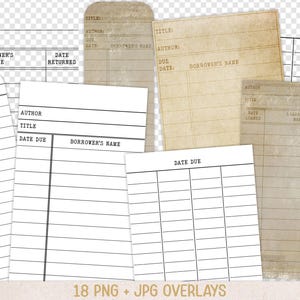 May include: A collection of library checkout cards featuring various designs, including clean white cards with black lines and text like Title, Author, Date Due, and Borrower's Name, alongside aged, tan-colored vintage-style paper cards.
