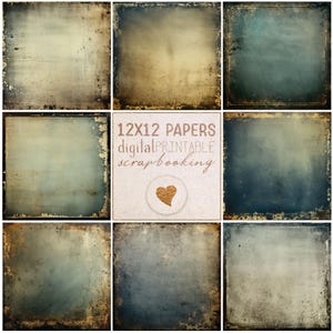 Könnte beinhalten: Eine Sammlung von acht quadratischen digitalen Papieren mit abgenutzten, verwitterten Texturen in Blau-, Grau- und Brauntönen, die ein zentrales Quadrat mit dem Text 12X12 PAPERS digital PRINTABLE scrapbooking und einem kleinen goldenen Herzsymbol umgeben.