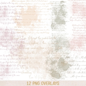 May include: A digital graphic overlay featuring multiple columns of cursive English text layered over soft, watercolor-style splotches in shades of beige, muted green, and pale pink. The text includes phrases like 'The sky is pure' and 'Can I forget'.