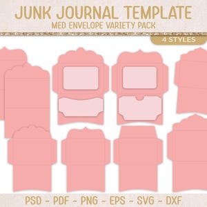Puede incluir: Una colección de plantillas de sobres de papel rosa en varios estilos. La imagen incluye el texto "JUNK JOURNAL TEMPLATE" y "MED ENVELOPE VARIETY PACK". Las plantillas están diseñadas para proyectos de manualidades y diarios.