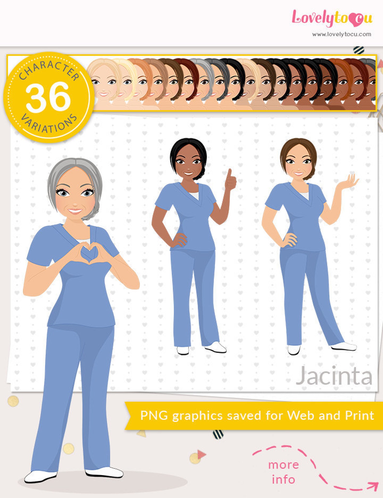 Nurse Clipart Blue Scrubs Female Character Cute Girl Avatar Etsy