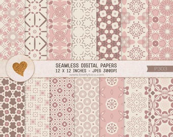 May include: A collection of seamless digital papers featuring various geometric, floral, and abstract patterns in shades of dusty pink, cream, and brown. The image includes text stating SEAMLESS DIGITAL PAPERS 12 X 12 INCHES - JPEG 300DPI.