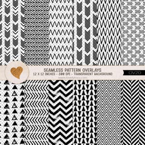 May include: A collection of twelve black and white seamless pattern overlays featuring geometric designs including chevrons, triangles, and arrows. The text reads SEAMLESS PATTERN OVERLAYS 12 X 12 INCHES 300 DPI TRANSPARENT BACKGROUND OV20.