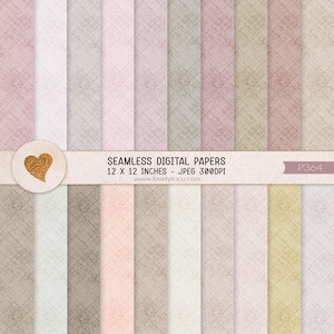以下が含まれることがあります： ピンク、ベージュ、グレーなど、さまざまなパステルカラーのシームレスデジタルペーパーのコレクション。 各ペーパーは30.48 x 30.48 cmで、テクスチャ加工されたクロスハッチパターンが特徴です。 画像には「Seamless Digital Papers」というテキストが含まれています。