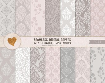 Wedding damask digital papers, soft tones seamless paper backgrounds, printable craft paper, scrapbook paper, summer pastel patterns - P211