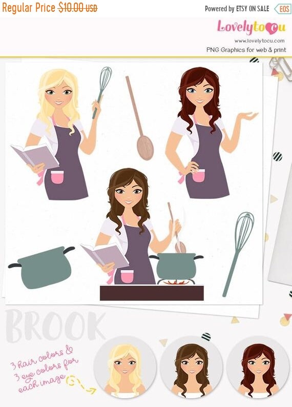 Sale Cooking Woman Character Clipart Kitchen Cook Book Stove Etsy