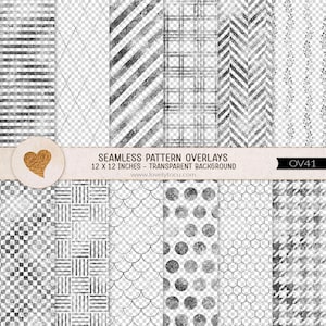 Könnte beinhalten: Eine digitale Sammlung von zwölf nahtlosen Mustern mit abgenutzten schwarz-weißen Texturen. Die Muster umfassen Streifen, Rauten, Karos, Fischgräten, florale Ranken, Schachbrett, Schuppen, Punkte, Sechsecke und Hahnentritt auf einem transparenten Hintergrund.
