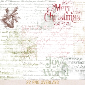 Puede incluir: Un collage digital con el texto Merry Christmas y Joy to the World, superpuesto con notas musicales, una campana con acebo, una flor de pascua y un árbol de Navidad. El fondo consiste en letras de canciones navideñas en cursiva roja y verde.