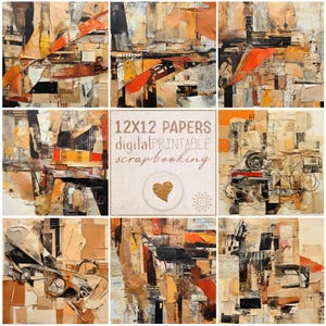 May include: A collection of eight abstract collage art pieces featuring layered paper textures in shades of orange, black, white, and tan. The center square displays the text 12X12 PAPERS digital PRINTABLE scrapbooking with a gold heart icon.