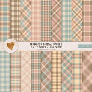 Könnte beinhalten: Eine Sammlung nahtloser digitaler Papiere mit verschiedenen Karomustern in sanften Pastellfarben. Die Papiere sind 30,48 cm x 30,48 cm groß und weisen eine Mischung aus Blau-, Rosa- und Brauntönen auf. Der Text "Seamless Digital Papers" ist enthalten.