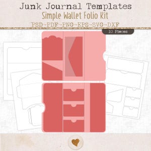 Puede incluir: Kit de plantillas para diario Junk, Simple Wallet Folio, con 10 piezas en formatos PSD, PDF, PNG, EPS, SVG y DXF. La imagen muestra plantillas digitales en rosa y coral para un portafolio tipo billetera, incluyendo bolsillos y secciones.