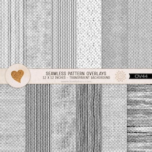 May include: A collection of twelve black and white seamless pattern overlays featuring various textures like stripes, herringbone, and crosshatch. A horizontal band displays the text SEAMLESS PATTERN OVERLAYS 12 X 12 INCHES - TRANSPARENT BACKGROUND.
