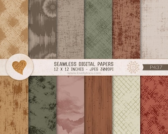 May include: A collection of twelve seamless digital papers featuring varied textures and patterns in earth tones including brown, olive green, and cream. A central horizontal band displays the text SEAMLESS DIGITAL PAPERS 12 X 12 INCHES - JPEG 300DPI.